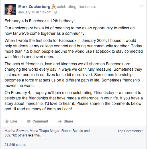 compleanno fb post zuckerberg